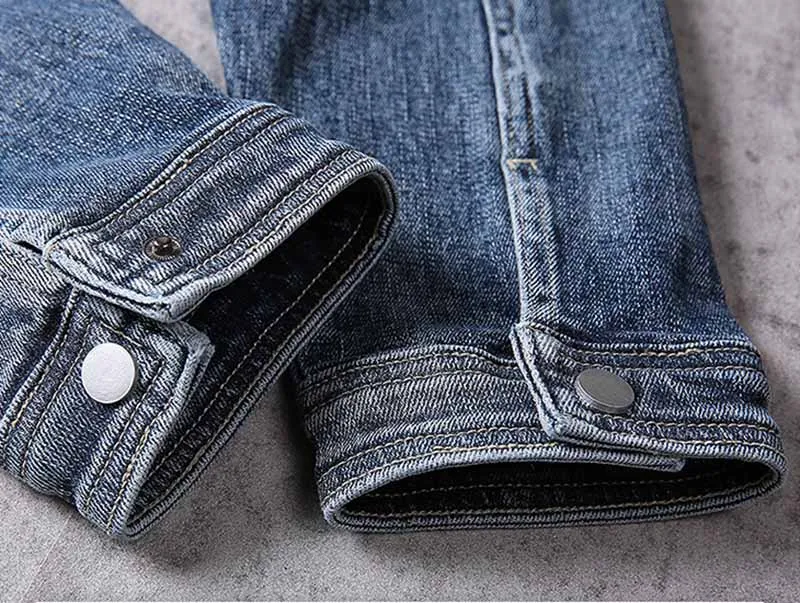 Mcikkny Solid Color Men's Cargo Loose Denim Jackets Multi Pocket Blue Jeans Jackets Male Stand Collar  (9)