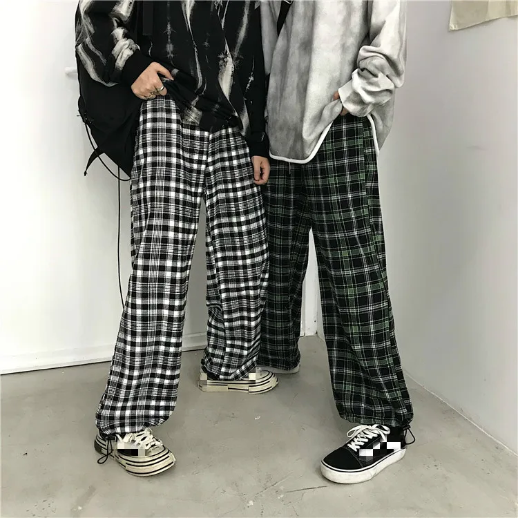 Neploe/корейский стиль Ins; сезон осень-весна; клетчатые спортивные брюки в стиле ретро; повседневные свободные дизайнерские брюки на шнуровке; узкие брюки унисекс для влюбленных; 47480
