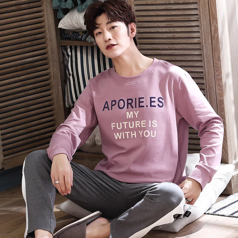 men pajama set Осенне-зимний мужской хлопковый пижамный комплект, полосатая Пижама с буквенным принтом, мультяшная Пижама, Повседневная Пижама для сна и отдыха размера плюс 3XL, Пижама - Цвет: men pajama set