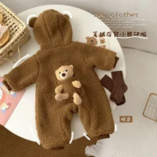 Winter Baby Clothes with Bear Autumn Fur Bodysuit Cute Children Animals Jumpsuit Newborn Crawling Clothes Winter Outwear Clothes