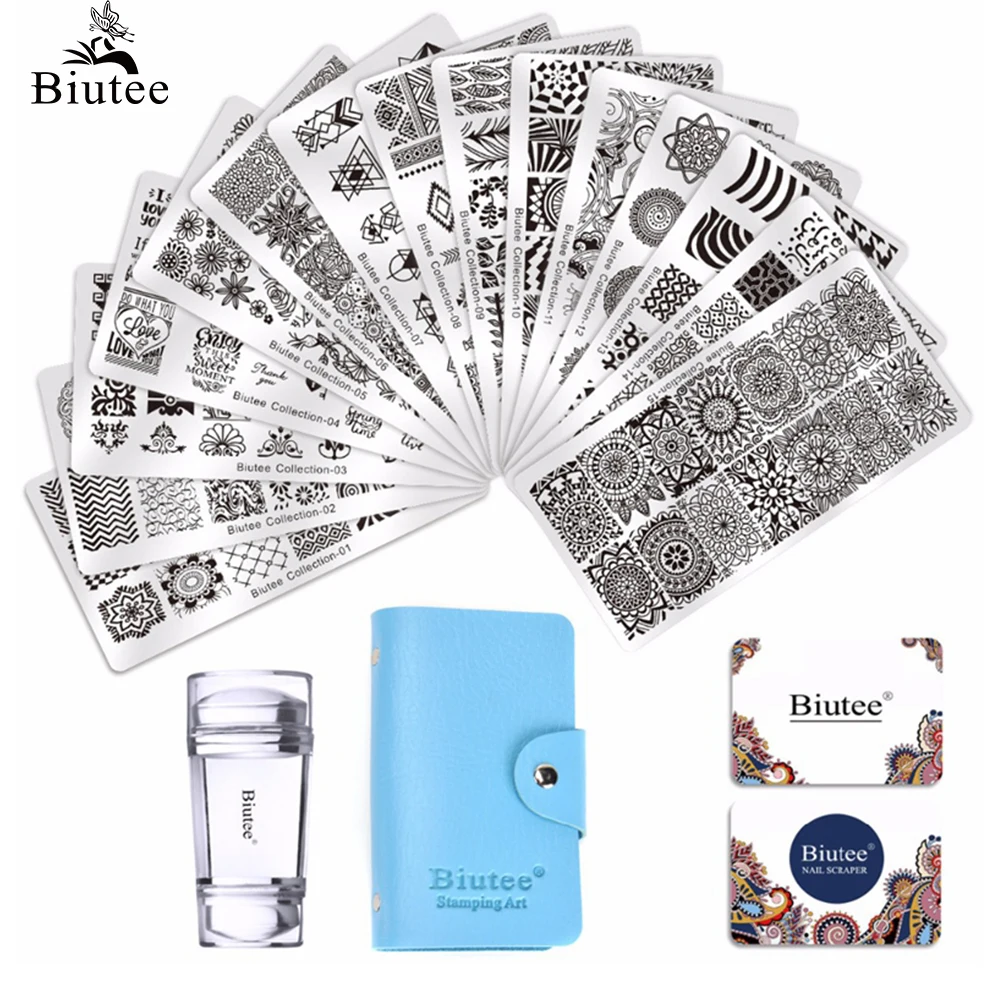 Biutee 19pcs Nail Stamp Plates set 15 plate 1Stamper 2Scraper 1storage bag Nails Art Stamping Plate Scraper Stamper Flower Set