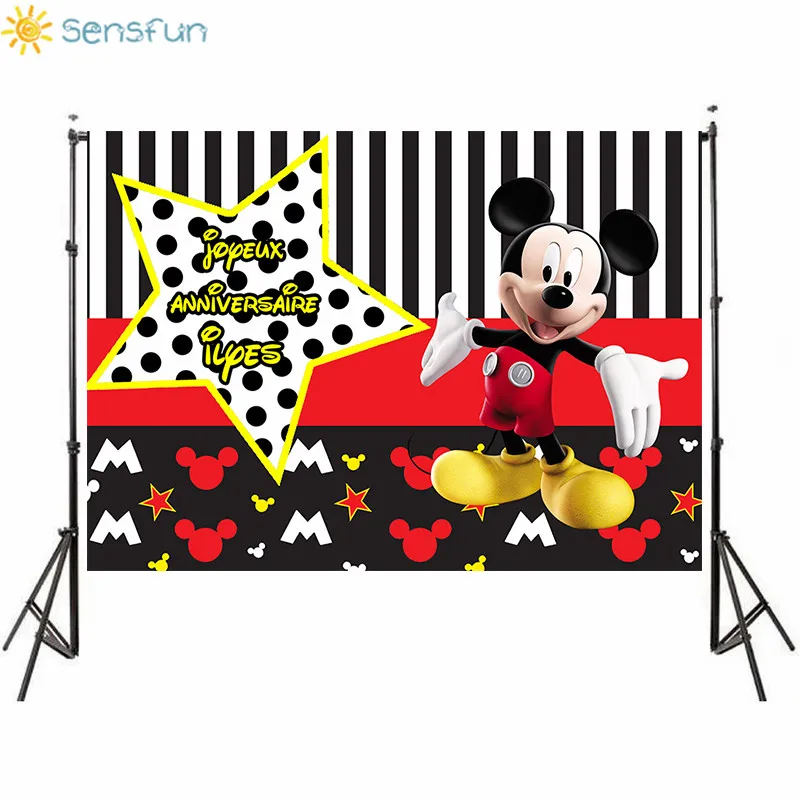 

Sensfun Black White Stripes Red Mickey Star Banner Photo Background Custom Child Birthday Party Photo Studio Backdrops Banner