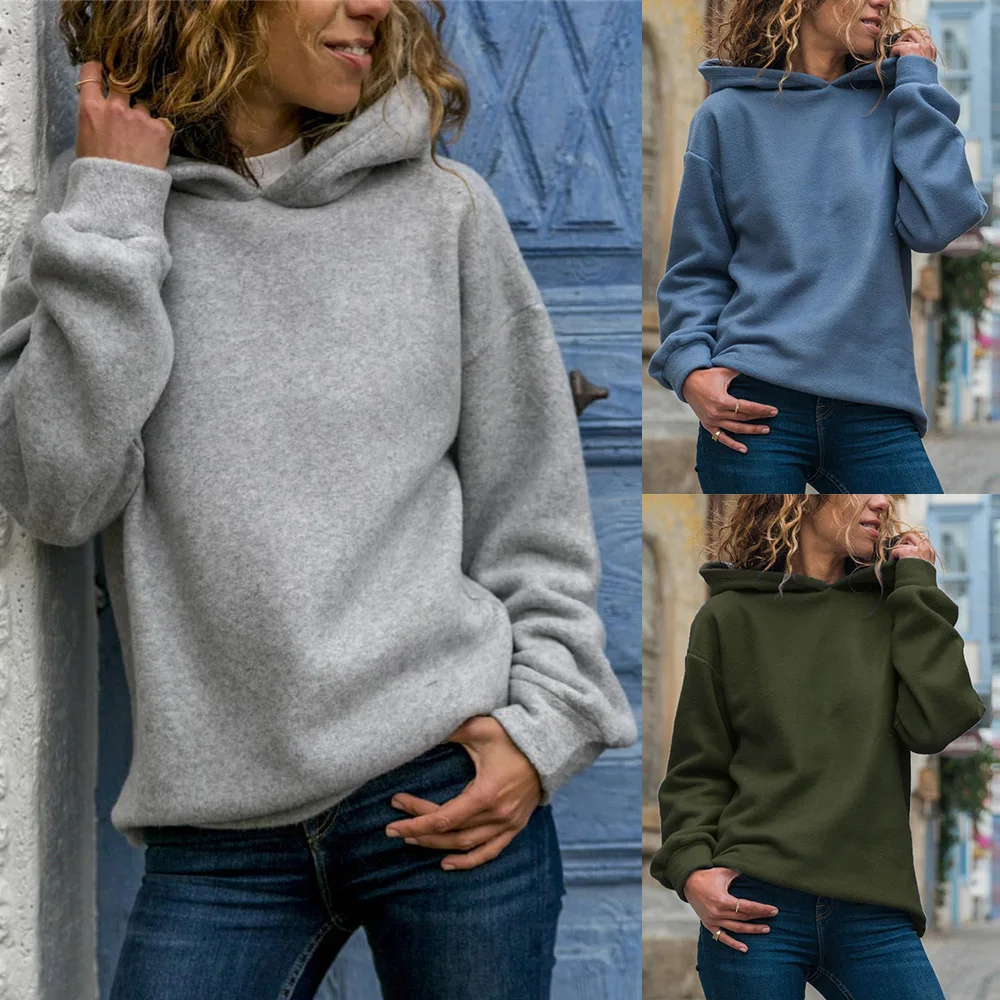 

Fall Clothing Casual Gray Blue Green Solid Color Pullovers Long Sleeve Women Hoodies Women Sweatershirt