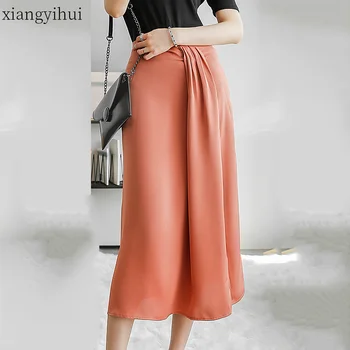 

Sexy Fashion Ruched Women Mid-culf Skirt 2020 New Summer High Waist Split Pleated Skirts Elegant Office Workout Clothing