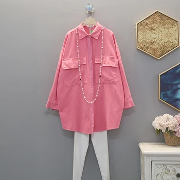 

[EWQ] 2020 Spring Summer New Pattern Lapel Long Sleeve Solid Patchwork Denim Patchwork High Street Shirt Women AK94200