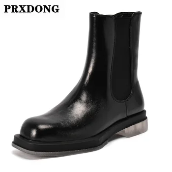 

Vintage Autumn Winter 2021 Woman Genuine Leather Med Heels Round Toe Women's Ankle Boots Black Platform Casual Chelsea Boots 40