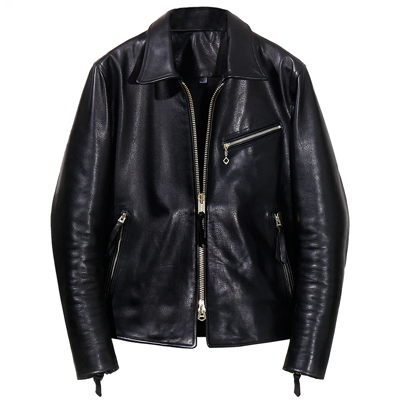 Мужская классическая 1950s стильная куртка из коровьей кожи импортная телячья кожа moto rcycle мужская кожаная куртка Япония винтажная байкерская куртка мужская - Цвет: Black