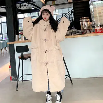 

2019 New Winter Large Size Women's Long Loose Hooded Thickening Imitation Lamb Hair Warm Plush Jacket Cotton Suit Korean Version
