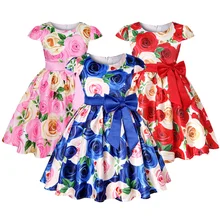 Летнее платье с принтом розы для девочек платье принцессы на свадьбу, день рождения, сатиновое платье с принтом бабочки, vestidos, платья для детей 3, 4, 5, 6, 7, 8 лет