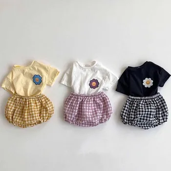 

Baby Clothes Summer Newborn Baby Clothing Set lattice Infant Toddler Boys Clothes Cotton Baby Outfits FlowersT-shirt + Shorts