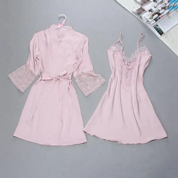Сексуальные женские Кружево Satin Robe платье однотонные мягкие ночная рубашка кимоно халат пижамы свадебные туфли невесты Халаты - Цвет: Pink Robe Set