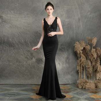 

BGW Sexy V Neck Formal Evening Dresses Sleeveless Appliqued 2020 Seven Colors Satin Mermaid Vestido De Noite Mulher