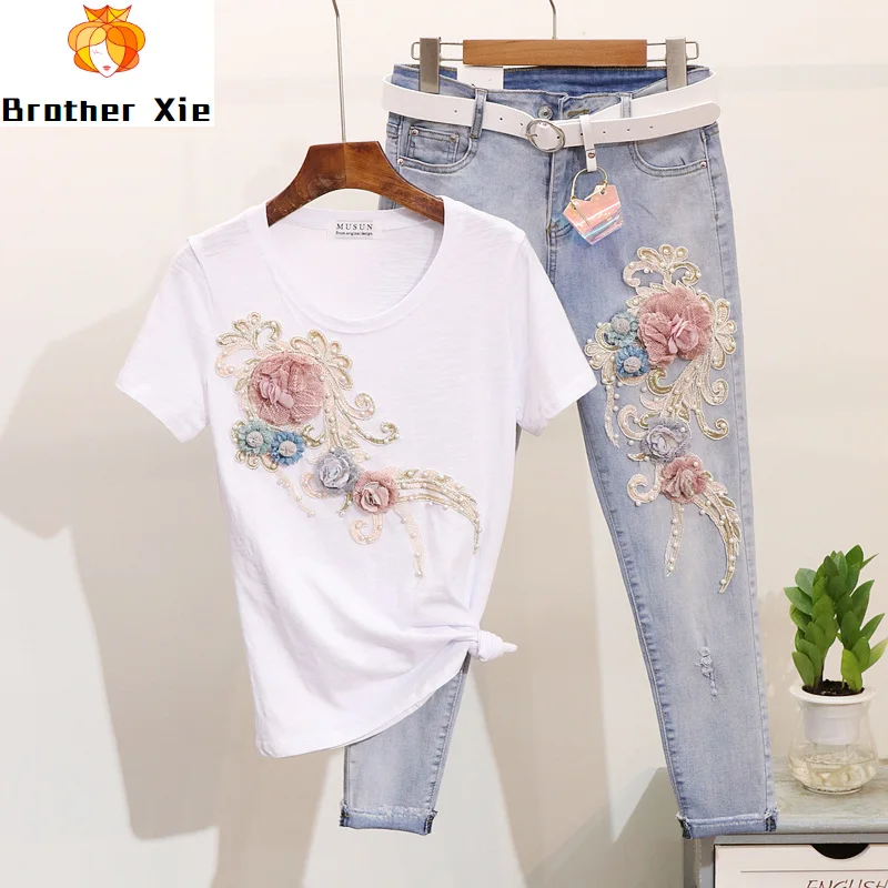 

2020 Spring Summer New Fashion Heavy Bead Three-dimensional Flower Short Sleeve T Shirt + Pencil Pants Two Piece Jeans Sets Girl