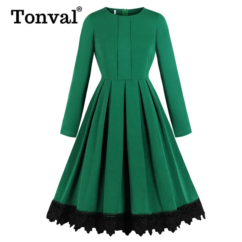 

Tonval Green Contrast Guipure Lace Hem Solid Pleated Midi Dress Women Long Sleeve Autumn Winter High Waist Vintage Dresses