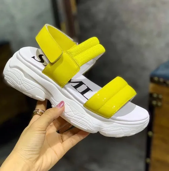 

Sports Sandals Women's Thick Bottomed 2019 New Style A- line with Velcro Lightweight Platform Patent Leather Casual Sandals Summ