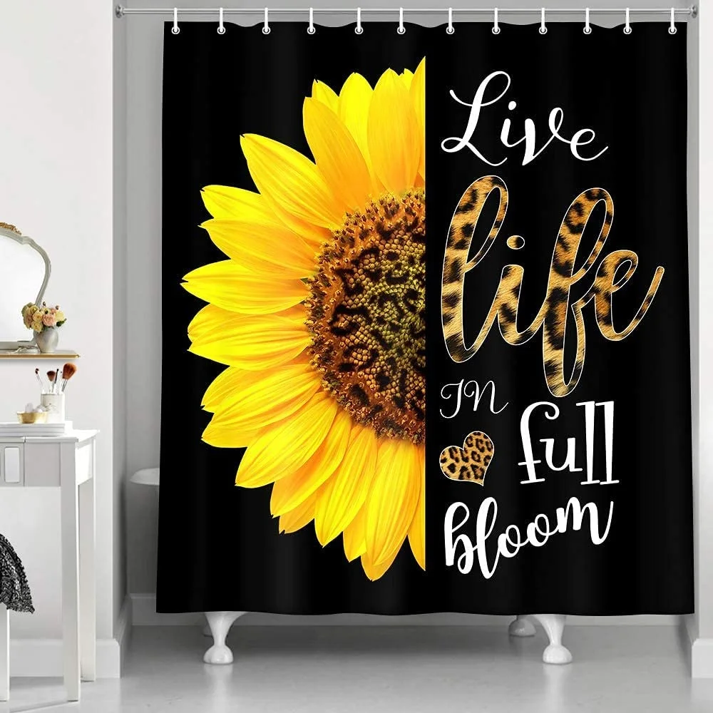 

Sunflower Shower Curtain,Leopard Motivational Quotes Black Yellow in Full Bloom Floral Inspirational Print Shower Curtain