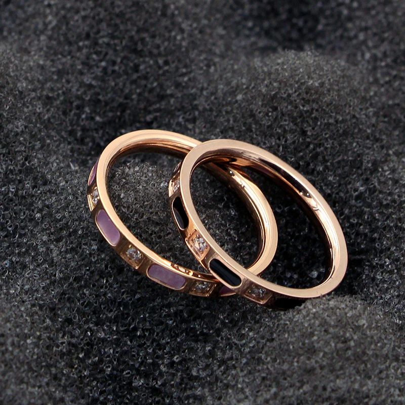 Элегантное циркониевое кольцо с черной эмалью и цветной оболочкой, титановая сталь, розовое золото, ювелирное изделие, Женское Обручальное кольцо, подарок для любви