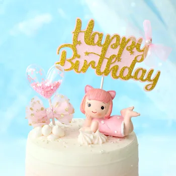 

New Fairy PVC Cake Topper Pink Love Crown Stars Happy Birthday Cupcake Topper for Wedding Girls Birthday Party Cake Decorations