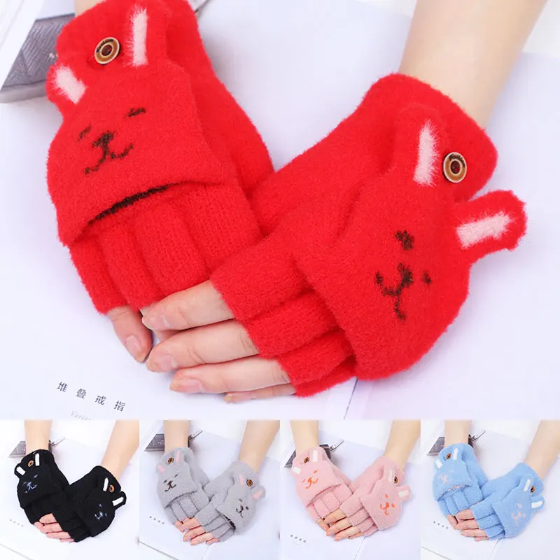 Купить Cute Cartoon Cat Ears Fingerless Mittens 2020 Women Winter Knit Half Finger Plush Thicken Female Warm Touch screen Flip Gloves  Аксессуары | Женские перчатки (1005001470143641)