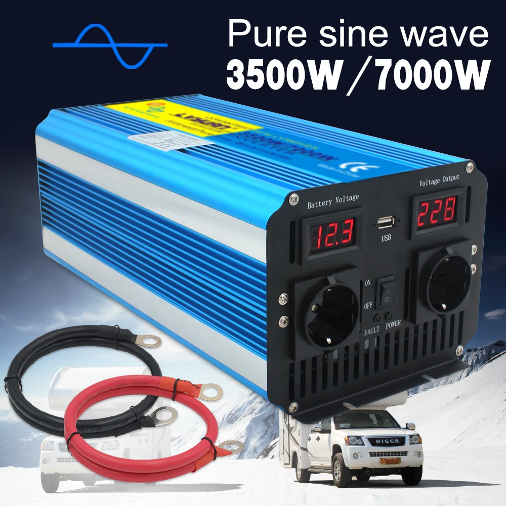 

Pure Sine Wave Power Inverter 7000W 12V/24V 220V 50HZ/60HZ Auto Inversor High Frequency LED Display USB Charging Dual EU Socket