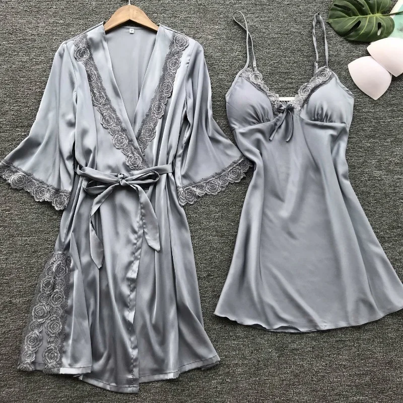 sliver Женская одежда для сна, сексуальный кружевной халат и платье, комплекты для сна, для отдыха, ночная рубашка, халат, пижама - Цвет: sliver