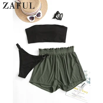 

ZAFUL Ribbed Lace-Up Bandeau Three Piece Swimsuit Spaghetti Straps O-Ring Strapless Bikini Removable Padded High Cut Bikini Sets
