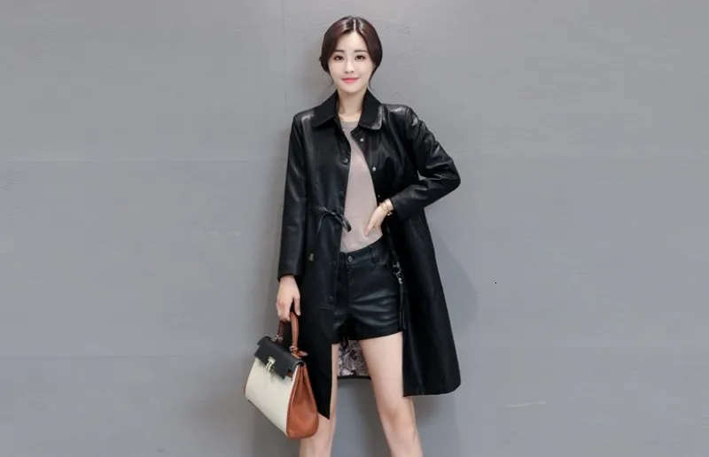 Elegant Womens Medium Length Faux Leather Trench Coats Single Breasted Adjustable Waist Slim Fit Pluse Size Female Jackets