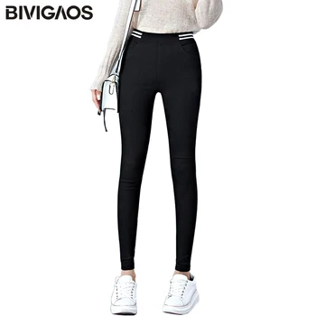 

BIVIGAOS Women's Autumn Winter Thick Elastic Black Pencil Pants Thread Stitching High Waist Warm Velvet Leggings Warm Pants