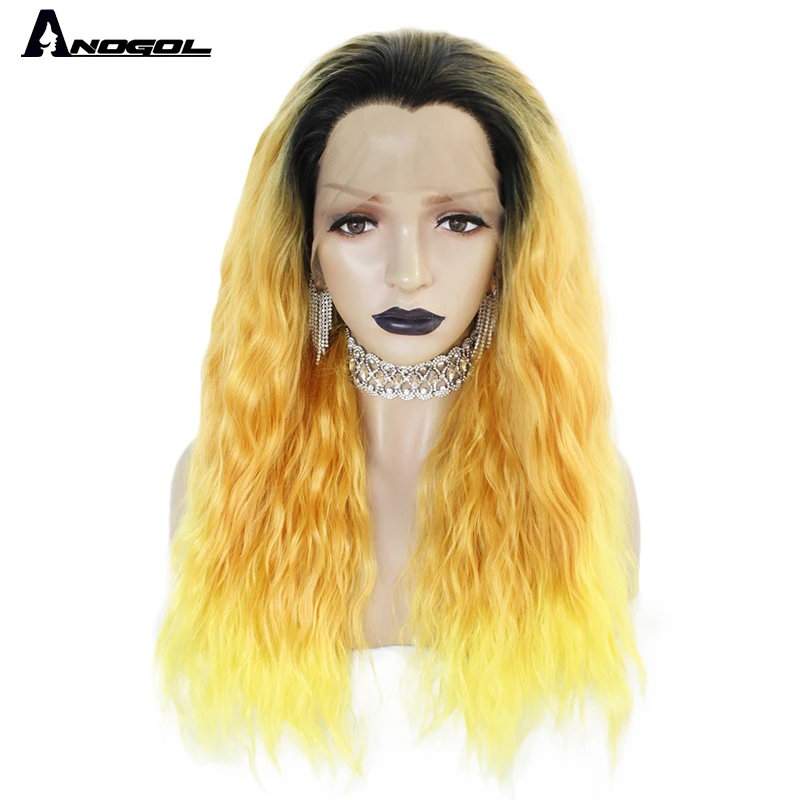 

Anogol Black Roots Ombre Blonde Long Kinky Curly Synthetic Lace Front Wig For African American Women High Temperature Fiber Wigs