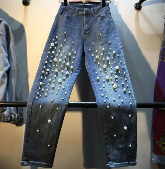 

Heavy work fashion handmade large pearl jeans women spring autumn high waist loose straight jeans