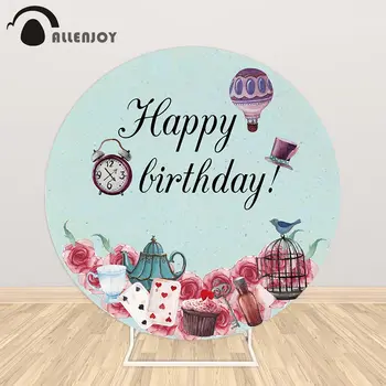 

Allenjoy Alice Tea Party Round Photography Backgrounds Watch Hat Decor Banner Curtains Bollon Flowers Birthday Backdrop Banner