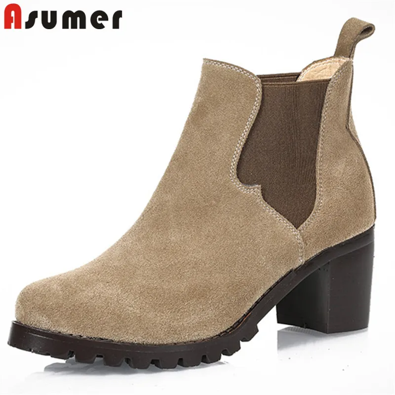 

ASUMER 2020 new suede leather boots round toe slip on ladies ankle boots square heels ladies prom autumn winter boots