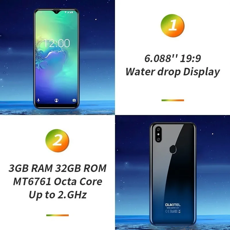OUKITEL C15 Pro+ 6,088 ''экран капли воды 4G Смартфон Android 9,0 3 ГБ+ 32 ГБ отпечатков пальцев сотовые телефоны 2,4G/5G WiFi мобильный телефон