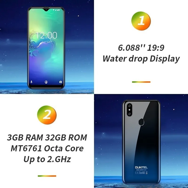  OUKITEL C15 Pro+ 6.088'' Water Drop Screen 4G Smartphone Android 9.0 3GB+32GB Fingerprint cell phon