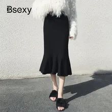 Осень-зима, женская вязаная юбка русалки, винтажная, высокая талия, тонкая, черный/хаки, рыбий хвост, миди, длинный свитер, юбка