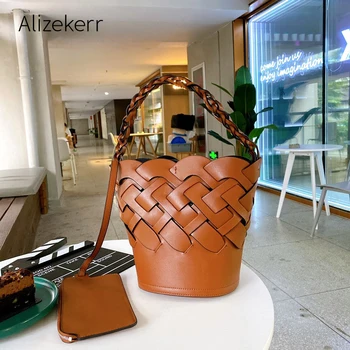 

New Elegant Woven Bucket Bag Women 2020 Korean Designer Solid High Quanlity Purse And Handbag Holiday Casual Fashion Sac Femme