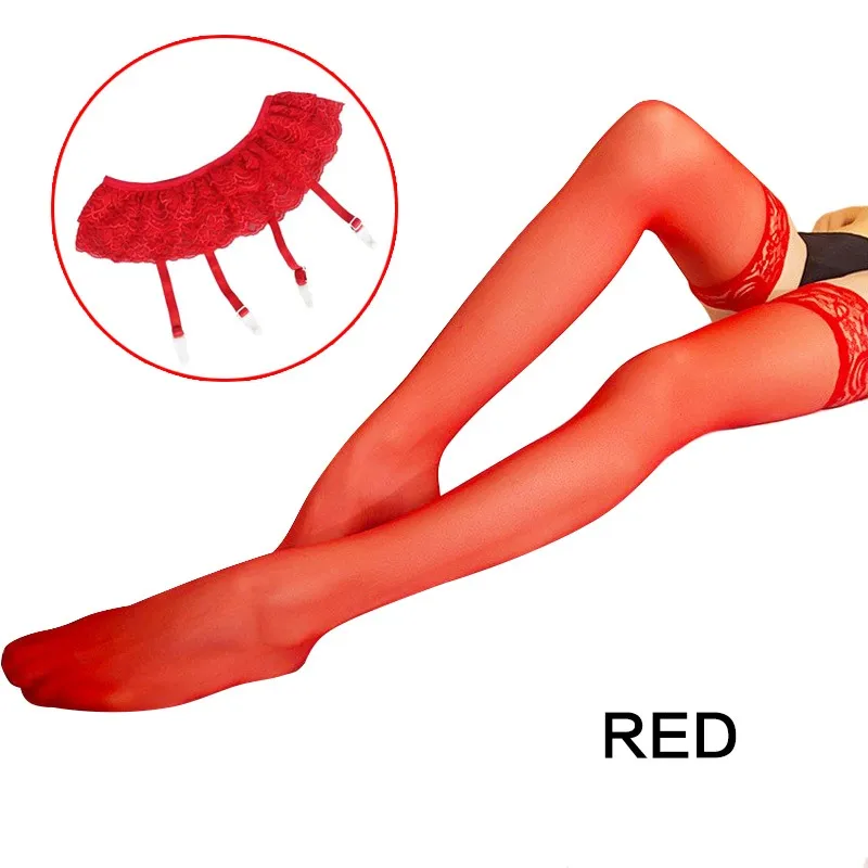 1 комплект, женские сексуальные кружевные чулки с мягким верхом+ Пояс для чулок, черный, белый цвет, модные - Цвет: Красный
