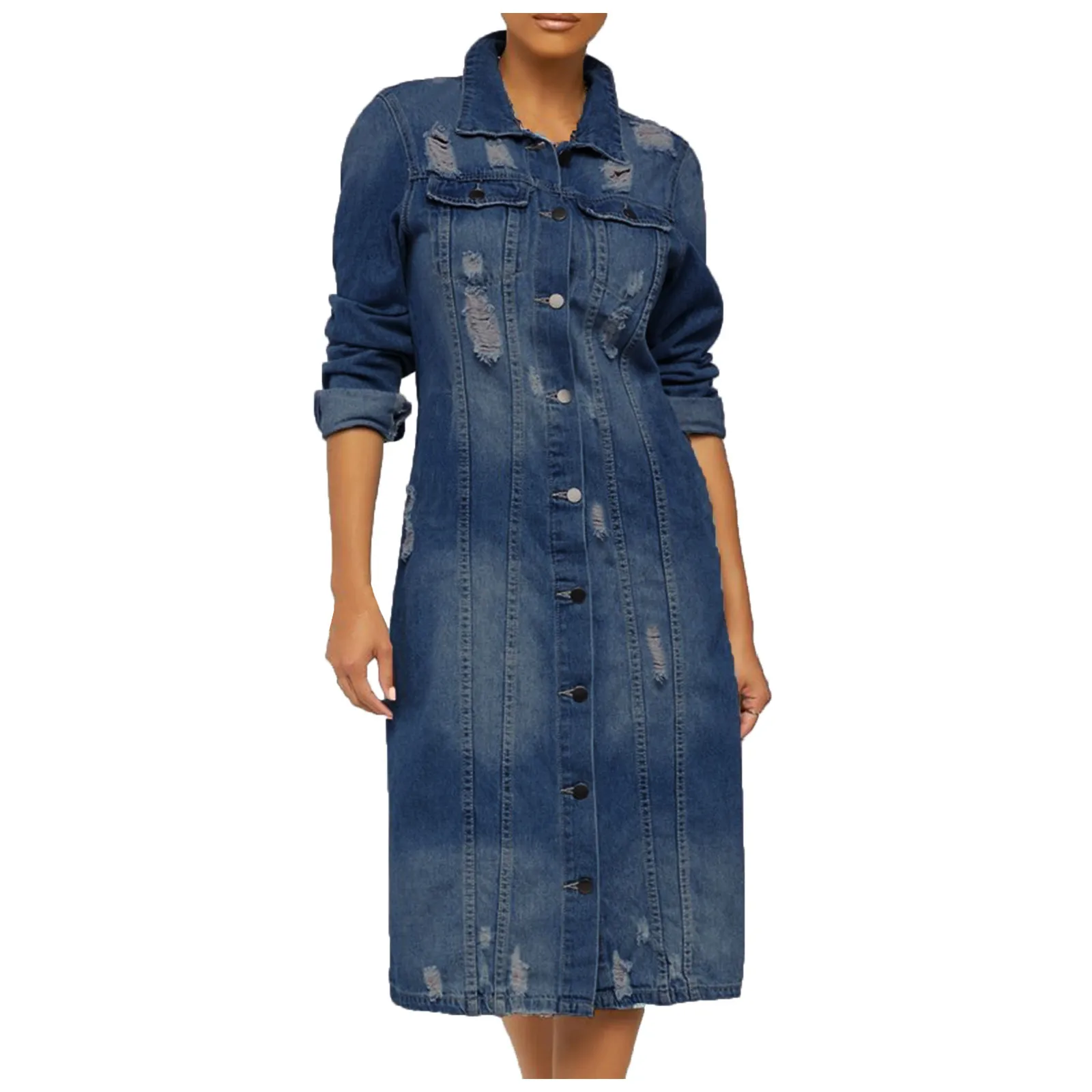 Vintage Women's Ripped Denim Jacket Multi-pocket Long Sleeve Long Jean Jacket Fashion Autumn Women's Coat Ropa Mujer 2021#fs 2