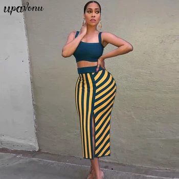 

2019 Summer Hot New Trendy Two Pieces Sets Striped Design Sexy Spaghetti Strap Color Block Celebrity Party Bandage Skirt Set