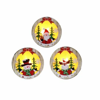 

3Pcs Round Christmas Decor Wooden Hanging Lamp Ornament Elk Snowman LED Light Santa Claus Deer Cart Luminous Lamp
