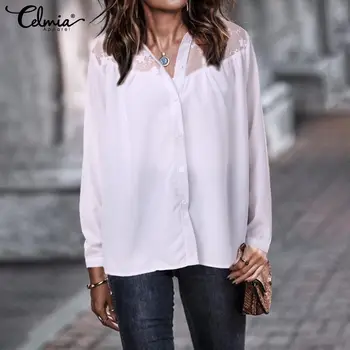 

Celmia Women White Blouses 2020 Summer Lace Hollow Out Sexy Shirts Fashion Lapel Neck Long Sleeve Casual Female Blusas S-5XL