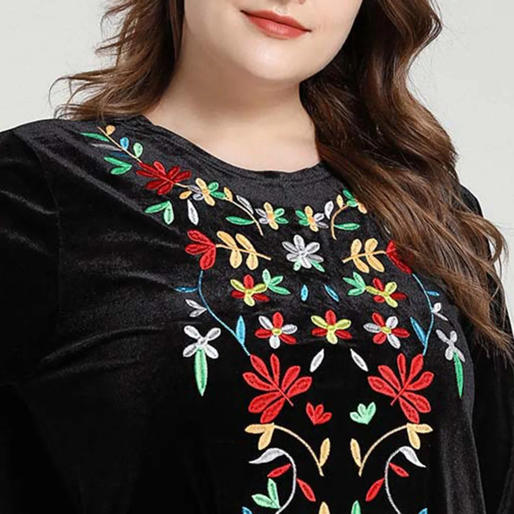 Вышитое платье зимнее Abayas Дубай женская мусульманская одежда Кафтан бархат мусульманское длинное платье размера плюс 4XL кимоно черный Халат