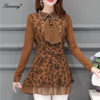 

5XL Fashion Lace Ruffles Blouse Patchwork Casual Winter Ladies OL Bottom Tops Female Women Long Sleeve Shirt Blusas Pullover