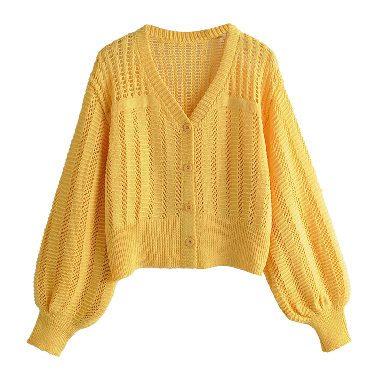 

Winter Autumn Knitted Sweater Solid Hollow Out Button V neck Lantern Sleeve Casual Loose Sweater 2019 Crop Sweater Women Tops