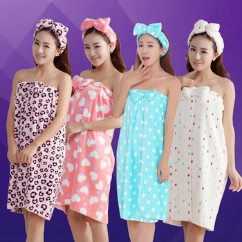 

120*75cm Women Sexy Wearable Absorbent Bath Towel+Hair Cap Bathroom Towel Set Bow-knot Body Wrap Bathrobe Spa Skirt for Adults