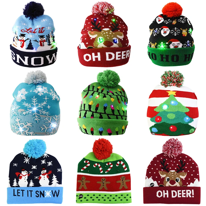 Christmas Beanie Hat Christmas Hats Sweater Santa Elk Knitted Beanie Hat With LED Light Up Cartoon Patteren For Kids New Year Supplies
