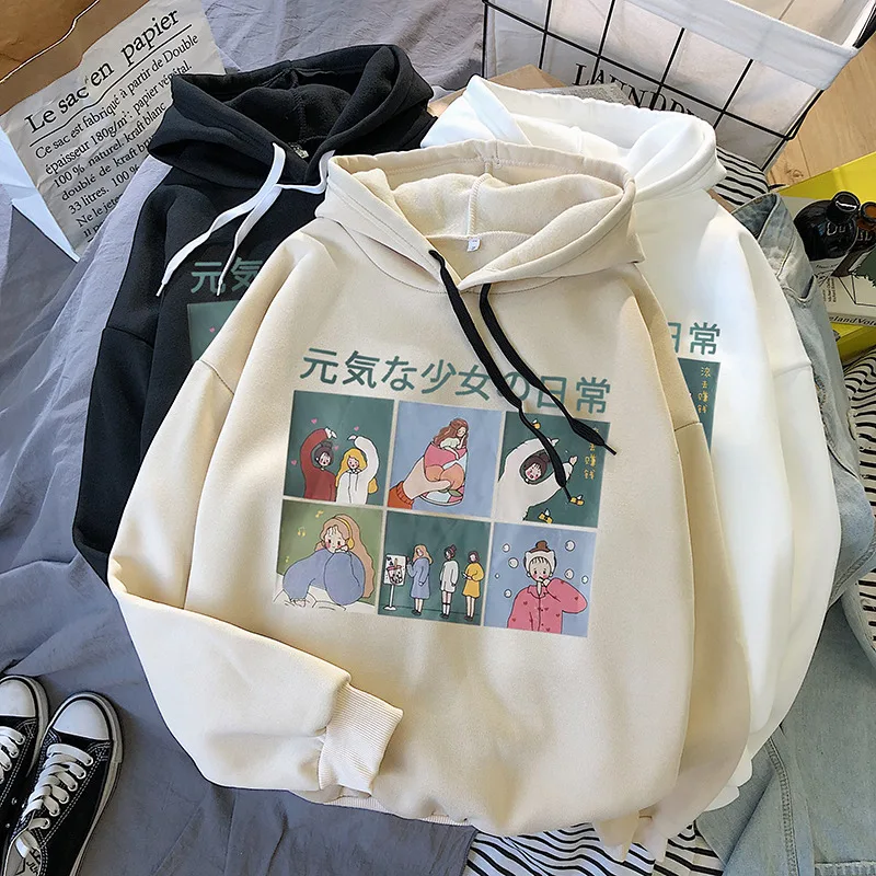 

2018 New Cute Cartoon Printed Back Velvet Thick Hooded Long Sleeve Female Sweatshirts Female Autumn Winter Couple Clothes Girls