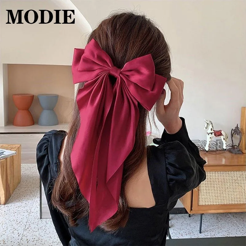 

Modie Colorful Big Bow Knot Hair Clip Fish Tail Style New Design Party Smooth Silk Material Hair Clip For Girls