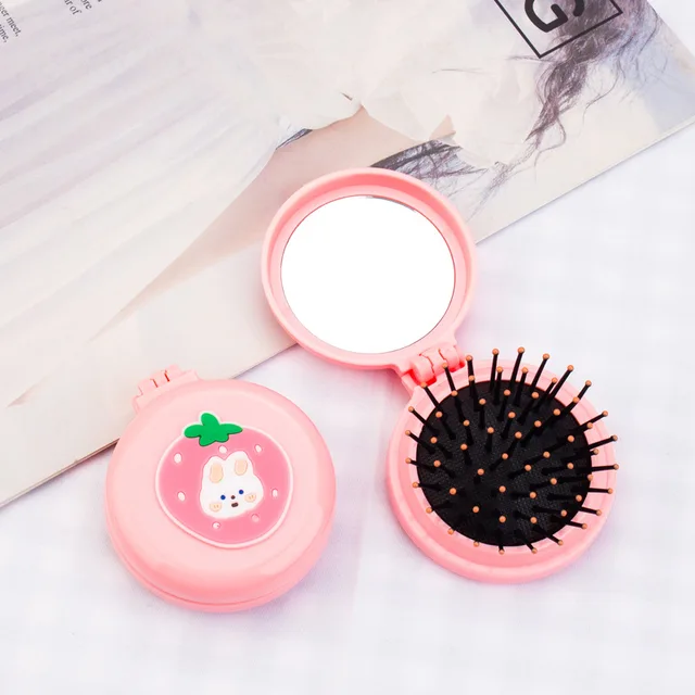 New Girl Cute Portable Mini Folding Massage Hair Comb Airbag Round Travel Hair Brush With Mirror Anti-static Hair Accessories pink
