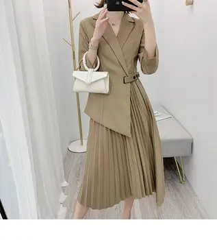 

Elegant Office Dress Vintage pleated blazer dress women Long sleeve female midi party dress XL Khaki Vestido